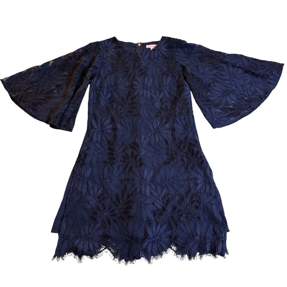 Lilly Pulitzer Jackelin Romper Navy Blue Fern Gallery Lace Bell Sleeve 00